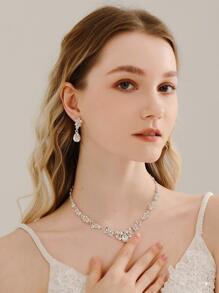 3件套水钻装饰新娘项链皇家新娘项链耳环配饰情人节配饰 - 銀色 - 查看 1