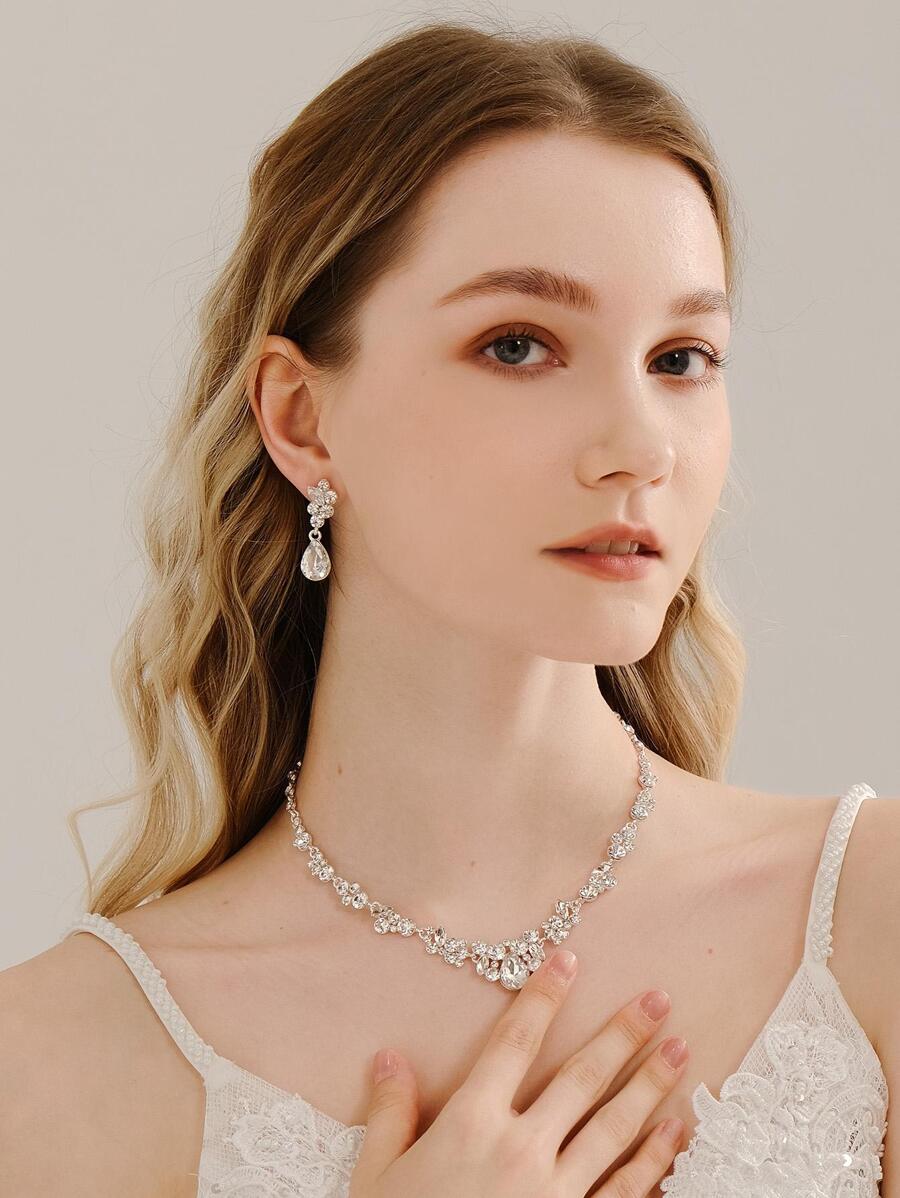 3件套水钻装饰新娘项链皇家新娘项链耳环配饰情人节配饰 - 銀色 - 查看 1