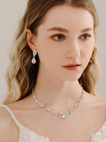 3件套水钻装饰新娘项链皇家新娘项链耳环配饰情人节配饰 - 銀色 - 查看 3