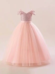 Tween Girl Long Sequin Mesh Off-Shoulder Elegant Glamorous Party Dress, Suitable For Birthday Dinner, Without Headband - Pink - View 4