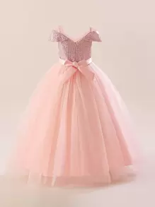 Tween Girl Long Sequin Mesh Off-Shoulder Elegant Glamorous Party Dress, Suitable For Birthday Dinner, Without Headband - Pink - View 2