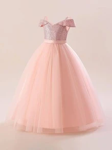 Tween Girl Long Sequin Mesh Off-Shoulder Elegant Glamorous Party Dress, Suitable For Birthday Dinner, Without Headband - Pink - View 3