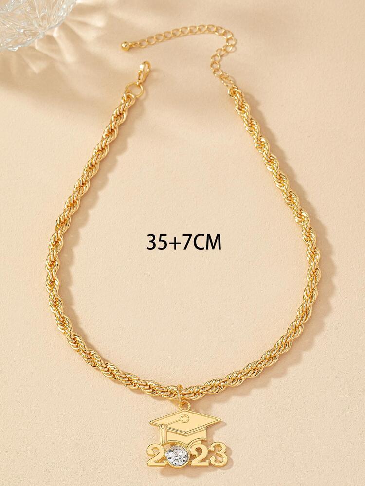 Rhinestone Decor Graduation Hat Charm Necklace - Yellow Gold - View 4