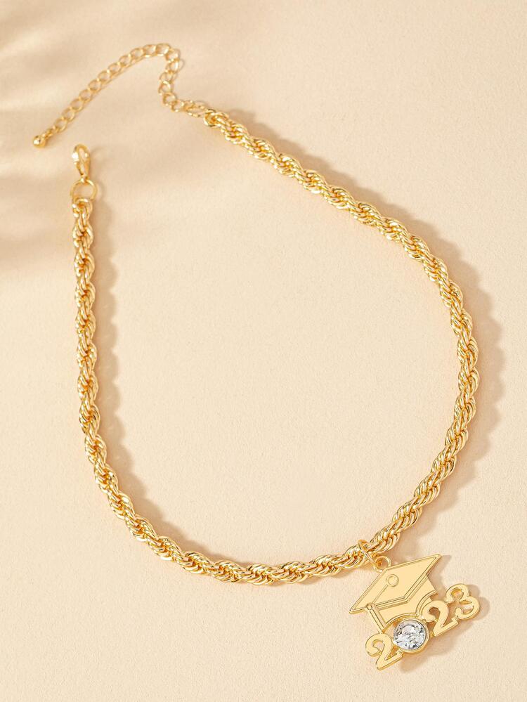 Rhinestone Decor Graduation Hat Charm Necklace - Yellow Gold - View 2