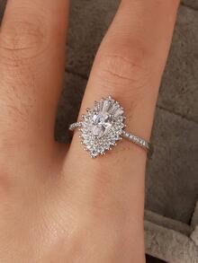 Cubic Zirconia Decor Sterling Silver Ring - Silver - View 2