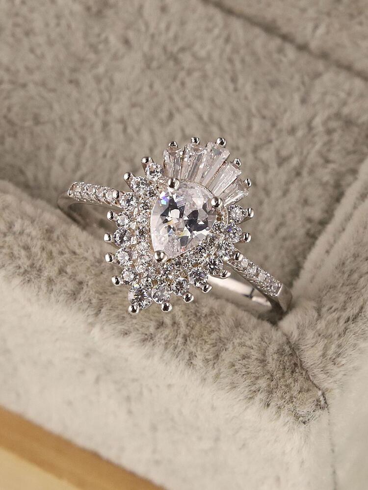 Cubic Zirconia Decor Sterling Silver Ring - Silver - View 3