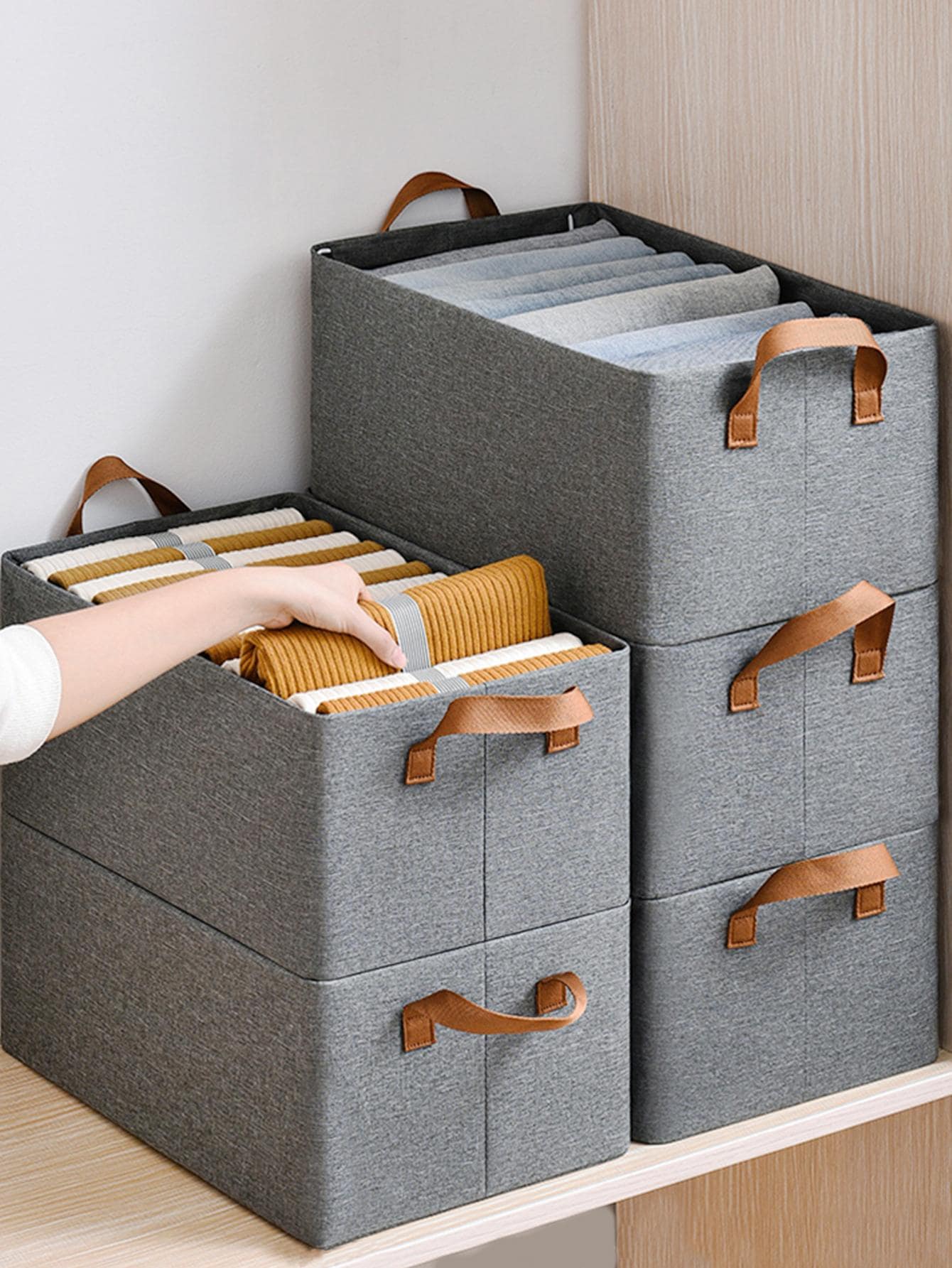 1pc Felt Storage Basket With Handle - Grey - View 1