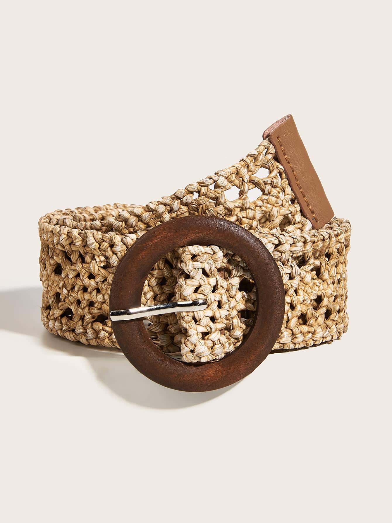 圓扣草編腰帶 - 駝色 - 查看 1