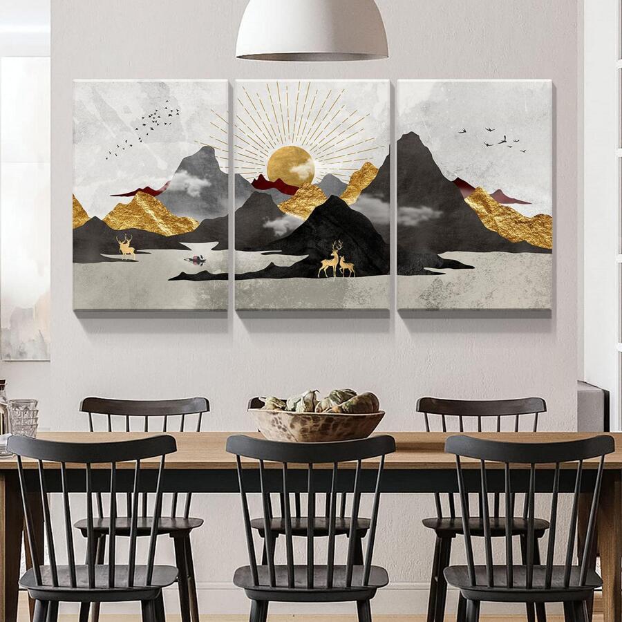 3 Panels Nordic Style Abstract Canvas Wall Art Mountain Landscape Art Prints Sun Nature Poster for Living Room Bedroom Modern Home Decor Ready to Hang - 藝術品-01 - 查看 1