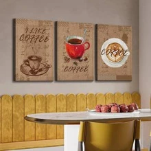 3 Panels Coffee Wall Art Kitchen Home Decor Canvas Print Coffee Cup Pictures Modern Artwork Framed Vintage Still Life Painting Wall Decor for Coffee Shop Dining Room - Tác phẩm nghệ thuật-01 - Xem 2