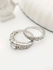 2 cái/bộ Nhẫn Trang Trí Đá Cubic Zirconia - Bạc - Xem 4