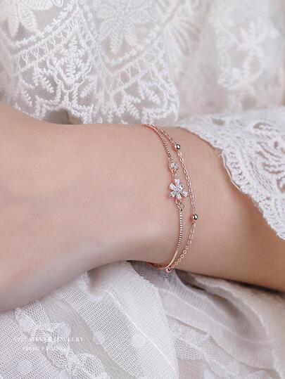 Rhinestone Flower Decor Layered Bracelet Valentines