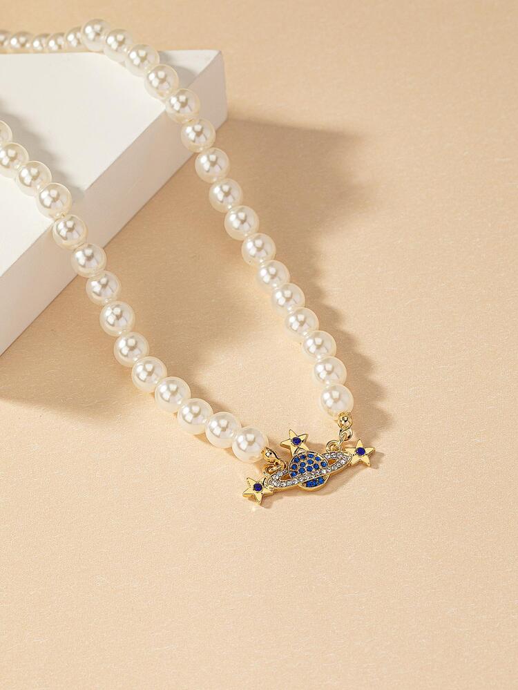 Rhinestone Planet Charm Faux Pearl Beaded Necklace - Multicolor - View 2