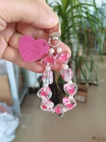 Móc khóa trang trí trái tim & hạt - Màu Hồng Tươi - Xem 1