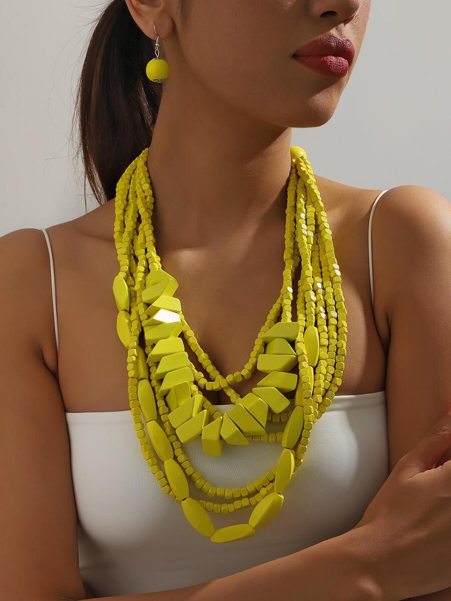 3 cái / bộ Vòng cổ đính cườm bằng gỗ - Màu vàng - Xem 1