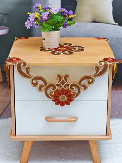 1pc Flower Embroidered Tablecloth, Vintage Polyester Anti-slip Table Cloth For Home