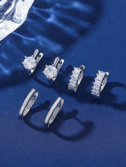 Hihho 3對/套方晶鋯石裝飾耳環