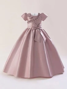 Đồ dự tiệ c Con gái Dây kéo Nơ trước màu trơn - Bụi hồng - Xem 1