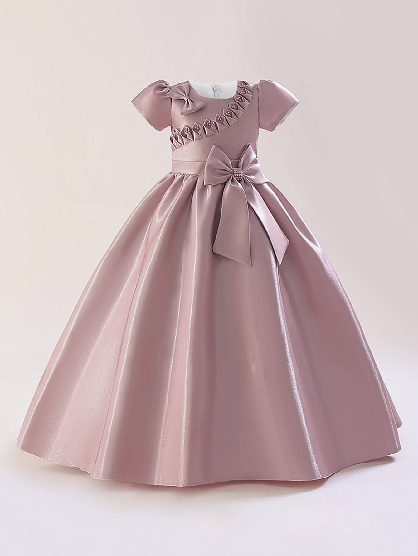 Đồ dự tiệ c Con gái Dây kéo Nơ trước màu trơn - Bụi hồng - Xem 1