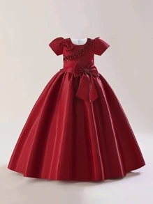 女孩串珠細節前蝴蝶結派對禮服 - 酒紅色 - 查看 1