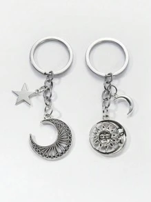 2入組男士太陽和月亮墜飾鑰匙圈 - 銀色 - 查看 2
