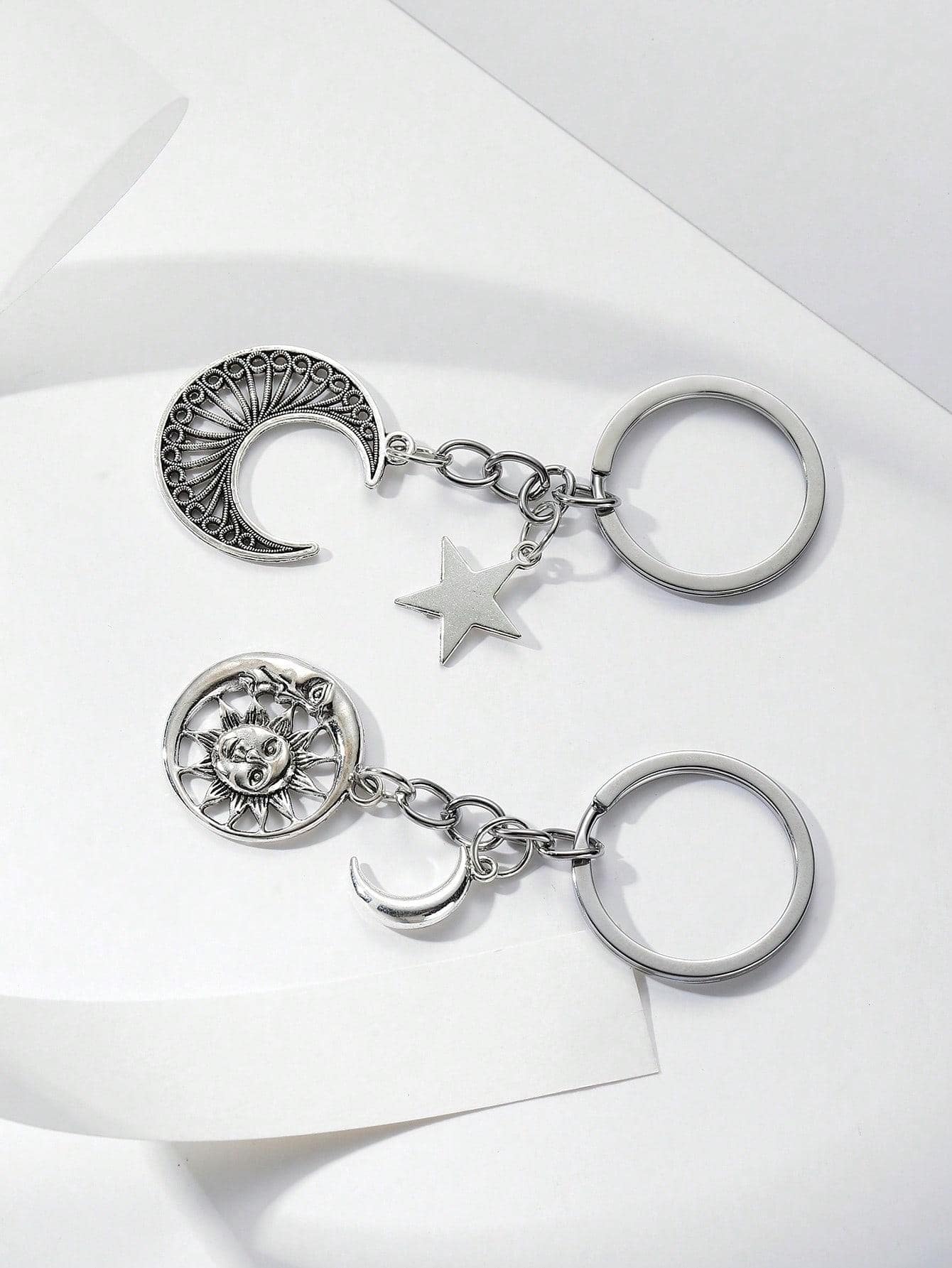 2入組男士太陽和月亮墜飾鑰匙圈 - 銀色 - 查看 1