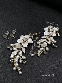 2對女式花朵和人造珍珠裝飾優雅新娘耳環，用於裝飾 - 金色 - 查看 7