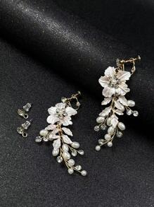 2對女式花朵和人造珍珠裝飾優雅新娘耳環，用於裝飾 - 金色 - 查看 1