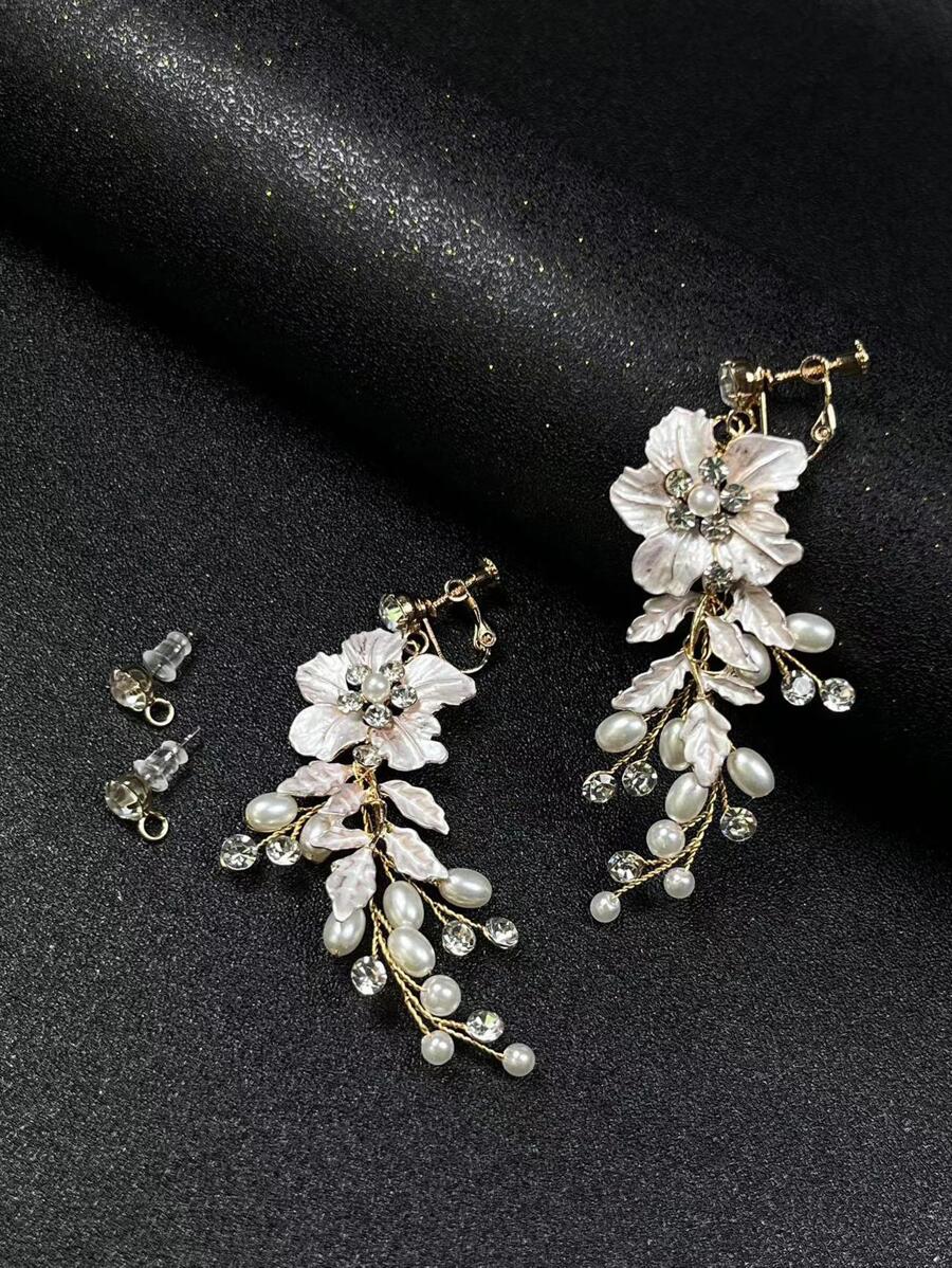 2對女式花朵和人造珍珠裝飾優雅新娘耳環，用於裝飾 - 金色 - 查看 1