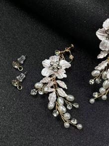 2對女式花朵和人造珍珠裝飾優雅新娘耳環，用於裝飾 - 金色 - 查看 3