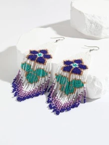 1pair Bohemian Style Handmade Braided Purple Flower & Triangular Tassel & Beaded Earrings - Multicolor - View 3