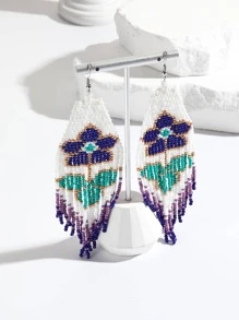 1pair Bohemian Style Handmade Braided Purple Flower & Triangular Tassel & Beaded Earrings - Multicolor - View 1