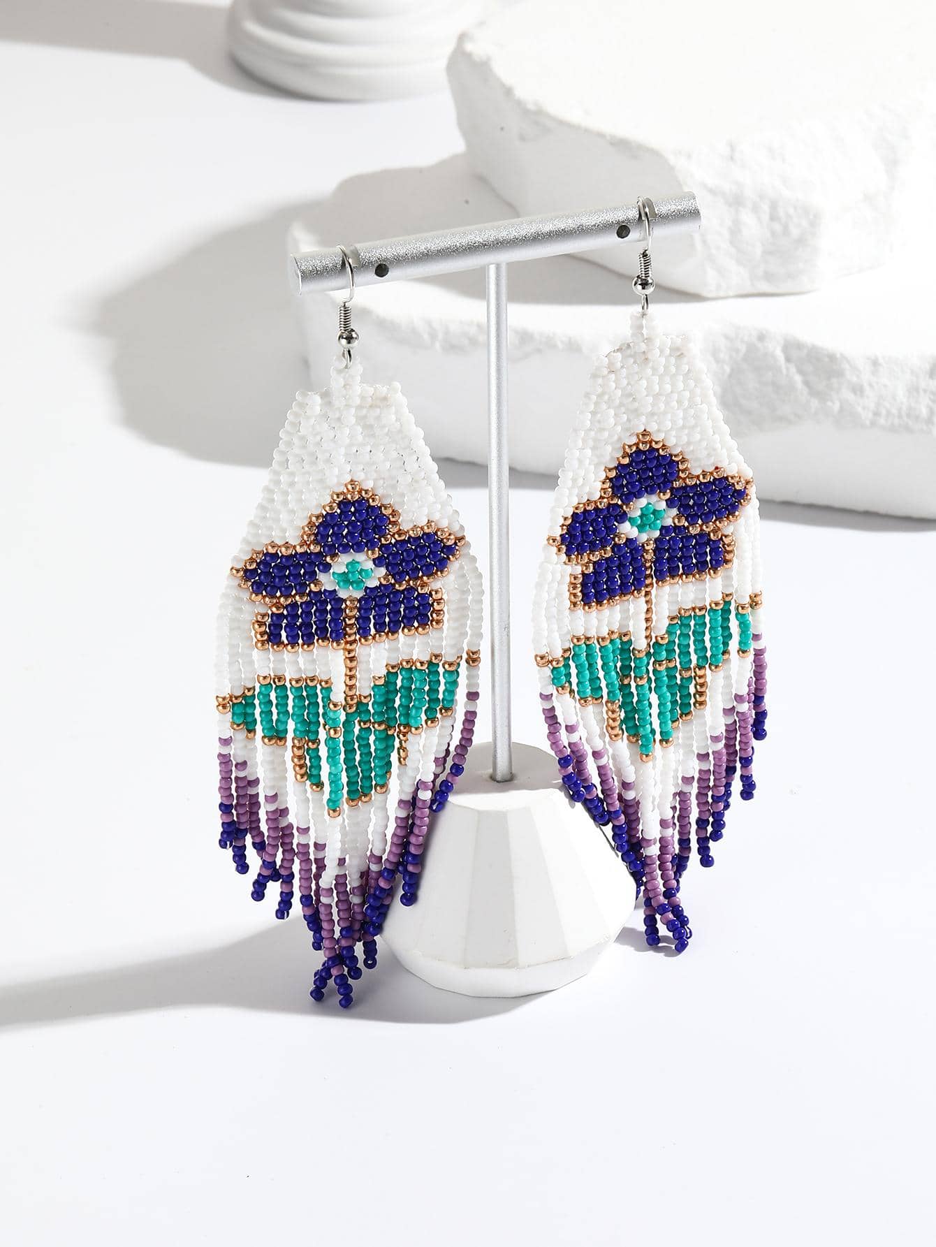 1pair Bohemian Style Handmade Braided Purple Flower & Triangular Tassel & Beaded Earrings - Multicolor - View 1