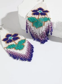 1pair Bohemian Style Handmade Braided Purple Flower & Triangular Tassel & Beaded Earrings - Multicolor - View 4