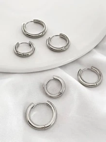 1 Set Multi-Pcs Summer Vacation Style Stainless Steel Hoop Earrings, Gold/Silver Bohemia Earrings, Fashion Simple Hoops Suitable For Men & Women Daily Wear - Silver - View 5