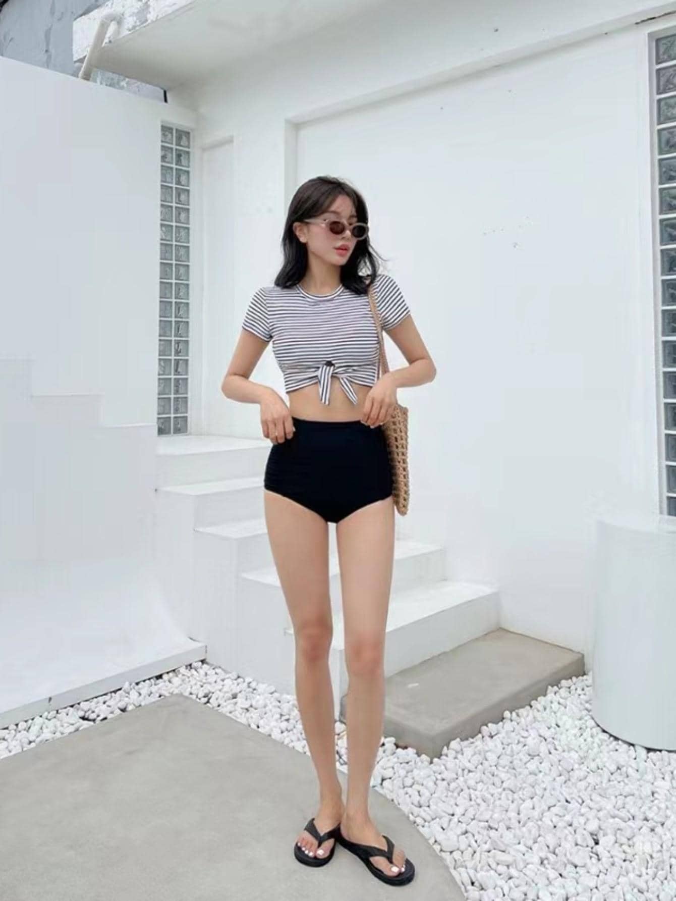 Striped Knot Front Bikini Set Summer Beach - Black and White - View 1