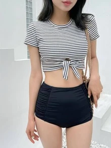 Striped Knot Front Bikini Set Summer Beach - Black and White - View 3