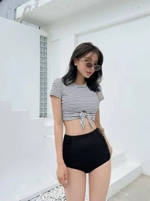 Striped Knot Front Bikini Set Summer Beach - Black and White - View 4