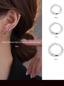 1 Set Multi-Pcs Summer Vacation Style Stainless Steel Hoop Earrings, Gold/Silver Bohemia Earrings, Fashion Simple Hoops Suitable For Men & Women Daily Wear - Silver - View 3