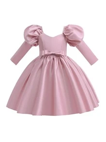 小女孩優雅實色長袖緞裙,適合派對和晚會。不包含髮飾。 - 藕粉色 - 查看 1