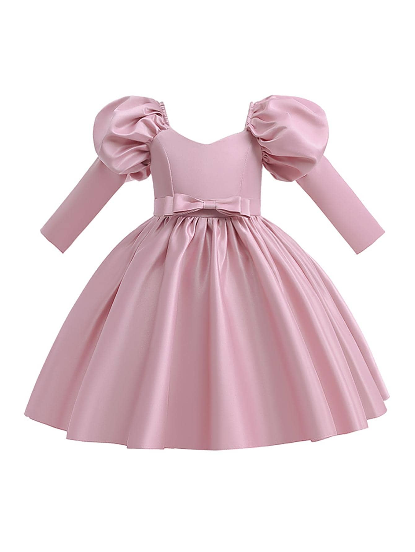 小女孩優雅實色長袖緞裙,適合派對和晚會。不包含髮飾。 - 藕粉色 - 查看 1