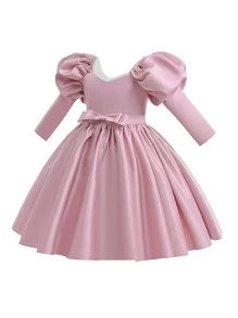 小女孩優雅實色長袖緞裙,適合派對和晚會。不包含髮飾。 - 藕粉色 - 查看 3