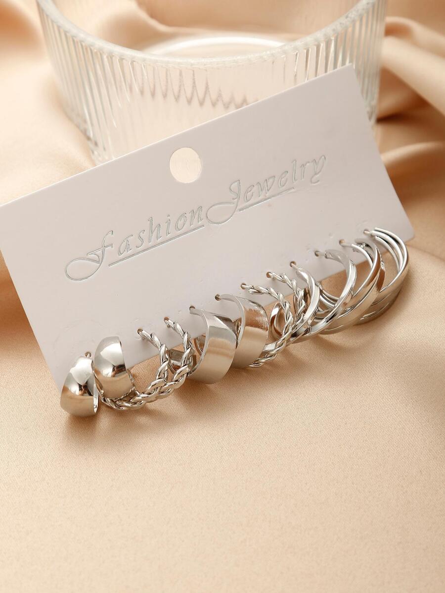 6對/套極簡圓耳環 - 銀色 - 查看 1