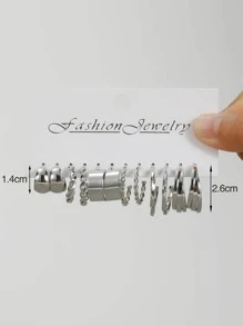 6對/套極簡圓耳環 - 銀色 - 查看 3