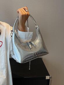 Bolso hobo plata con cadena PU con cremallera - Plateado - Ver 2