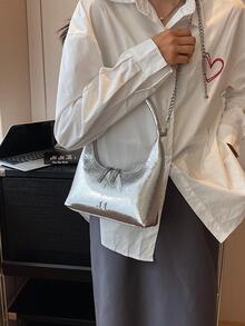 Bolso hobo plata con cadena PU con cremallera - Plateado - Ver 3