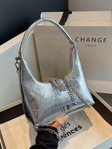 Bolso hobo plata con cadena PU con cremallera - Plateado - Ver 5