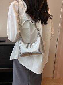Bolso hobo plata con cadena PU con cremallera - Plateado - Ver 4