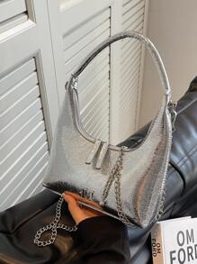 Bolso hobo plata con cadena PU con cremallera - Plateado - Ver 1