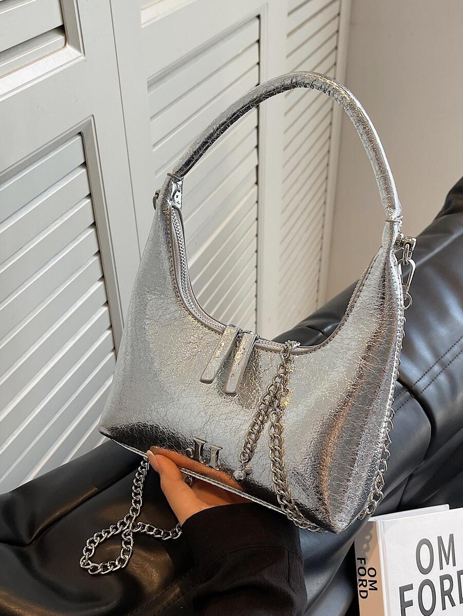 Bolso hobo plata con cadena PU con cremallera - Plateado - Ver 1